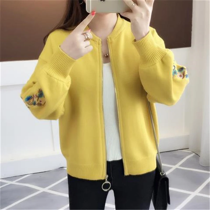 Casual Embroidered Zipper Knitted Coat Women Korean O-Neck Long Sleeve Sweater Cardigan Spring Fashion Knit Baseball Jacket Tops