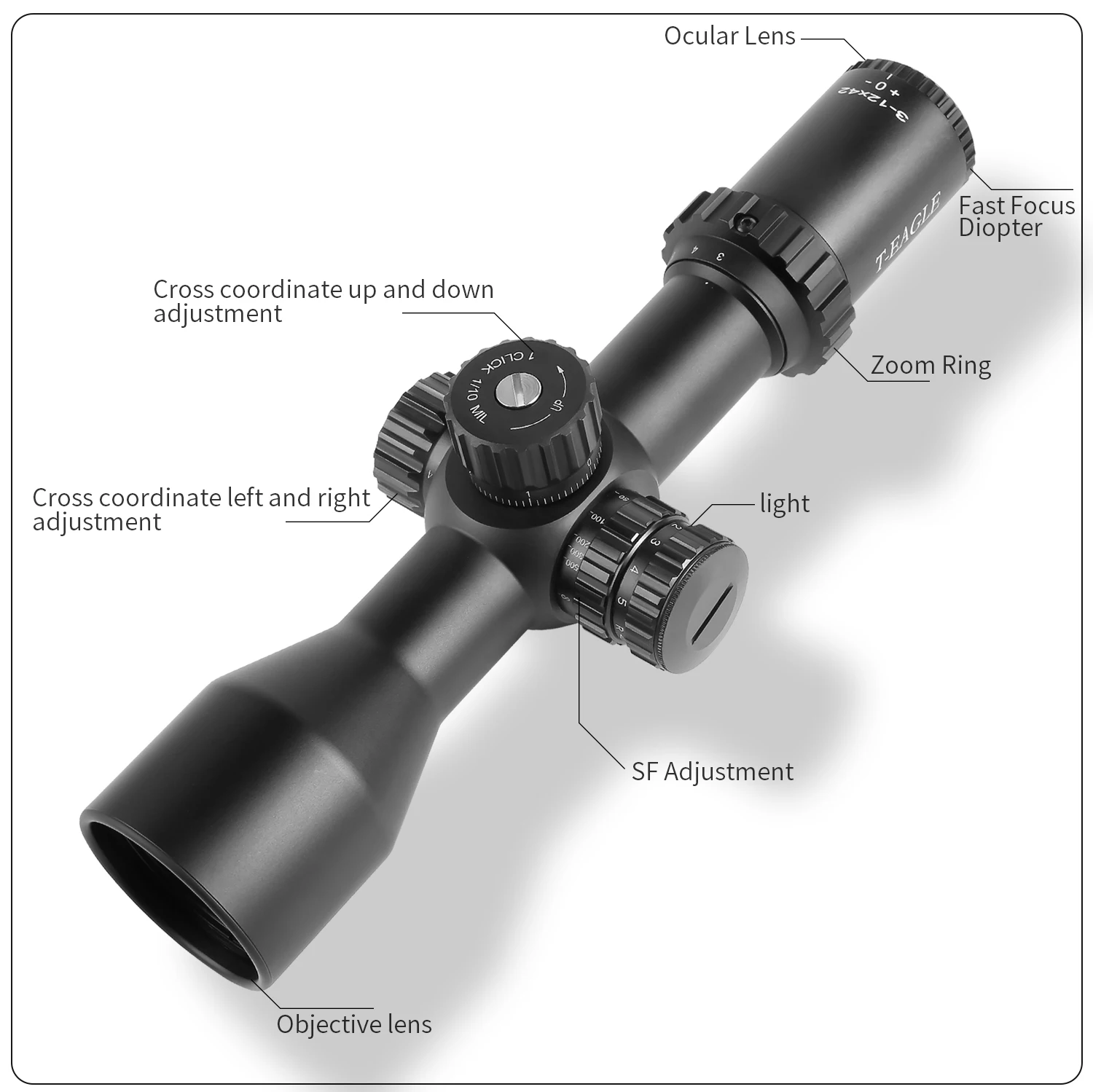 T-EAGLE-Tactical Riflescope Glass Etched Reticle Hunting Sight, Compact Optical Sight, Red and Green, Airsoft Scope, New MR 3-12