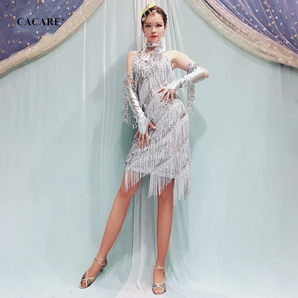 CACARE Fringed Dress Latin Dance Dress Women Samba Salsa Tango Dance Dress D0045 Gold with Sequins Tassels Necklace Gloves