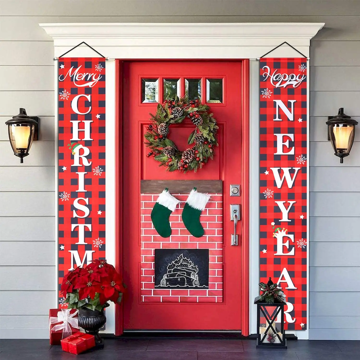 

Plaid Porch Sign Happy New Year Door Decoration Home Wall Hanging Decor Flags Outdoor Welcome Indoor Xmas Merry Christmas Banner