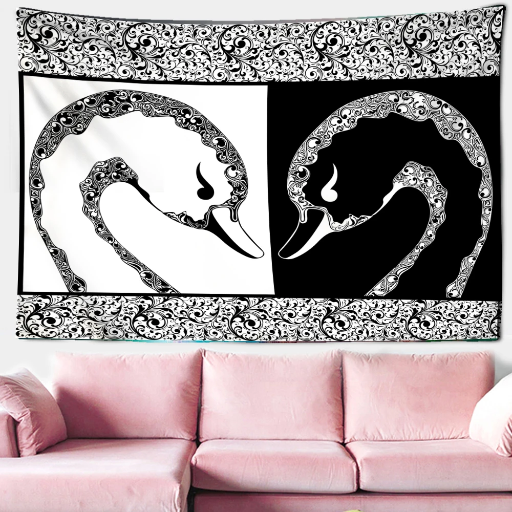 Classic Highgrade Black And White Swan Tapestry Wave Pattern Symmetrical Into Love Poster Room Wall Decorative Tapestry