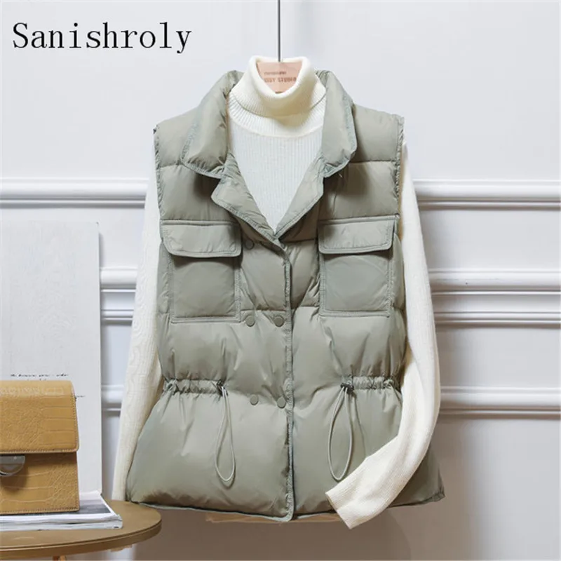 

Women Lightweight White Duck Down Vest Suit Collar Drawstring Sleeveless Waistcoat Ladies Short Double Breasted Winter Jacket