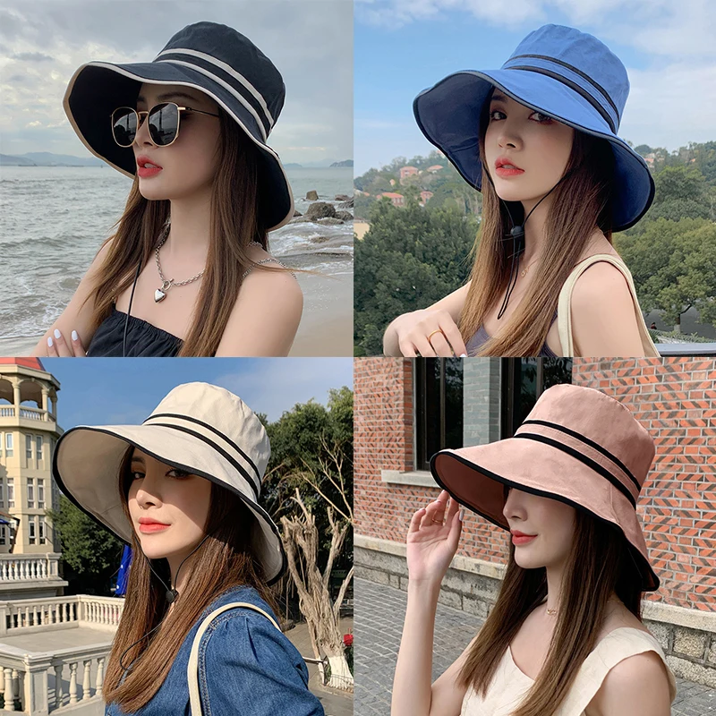 K154 Women\'s Bucket Hat Panama  Fashion Women\'s Summer Hat Stripe Panama Sun Protection Fisherman\'s Hats Sun Visor Cap Beach