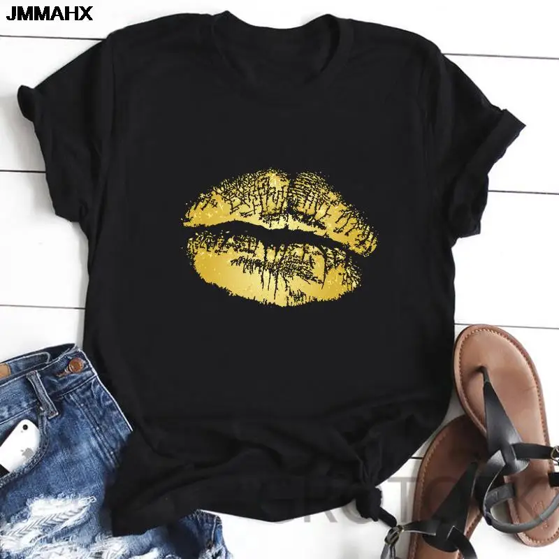 

Harajuku Women Fashion Lip Printing Woman T-shirt Casual Streetwear O-Neck Top Black T Shirt Short Sleeve Female Clothing Tshirt