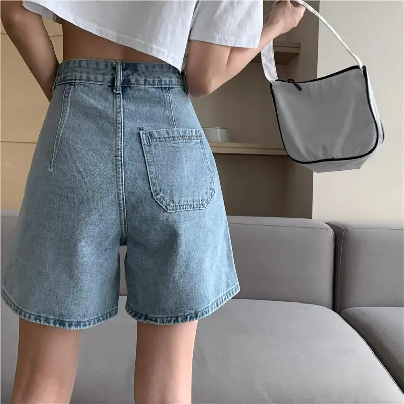 Pantaloncini di jeans Donna Blu Semplice Lunghezza al ginocchio Estate Casual Pantaloni tutto-fiammifero Studenti Streetwear Allentato A-line a vita alta Harajuku