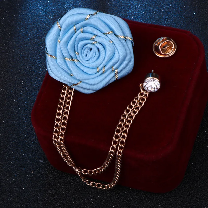 Korean Style Handmade Rose Flower Brooch Pin for Men Wedding Groomsmen Tassel Chain Lapel Accessory Cloth Art Suit Badge