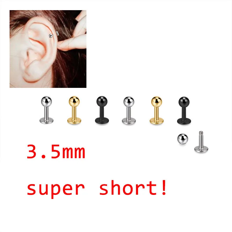 2PCS 3.5mm Cartilage Earrings Helix Stud Earrings Super Short 316L Surgical Steel Anti-allergic 16G Punk Body Piercing Jewelry