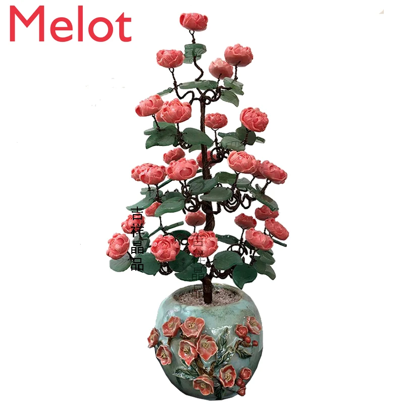 High-End Luxury Pink Peony Flower Lucky Tree Simple Crystal Decoration Rose Home Villa Decoration Pastoral Style Floor Vase