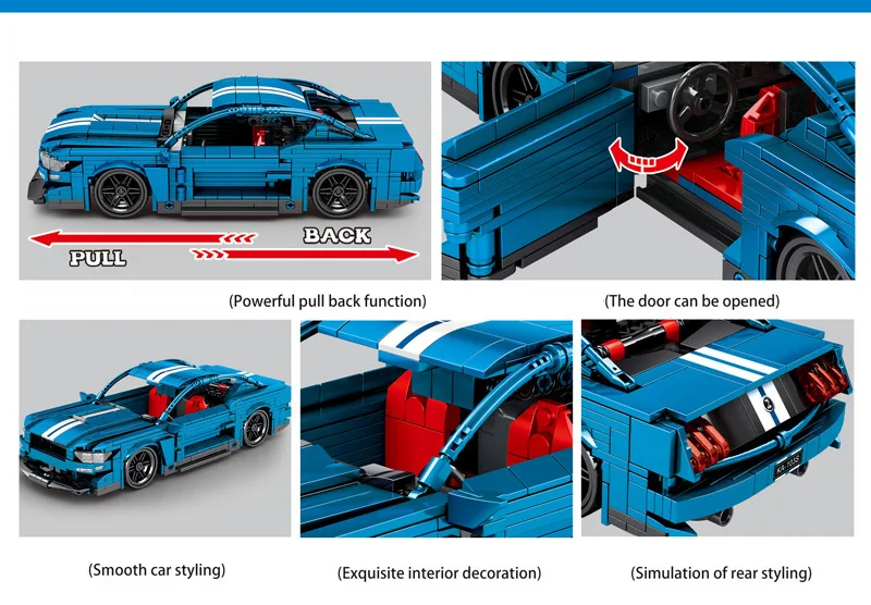 Technical Muscle Car Building Block Mustangs Shelby Gt500 Model Pull Back Vehicle Assembly Bricks Toy Collection For Boy Gift