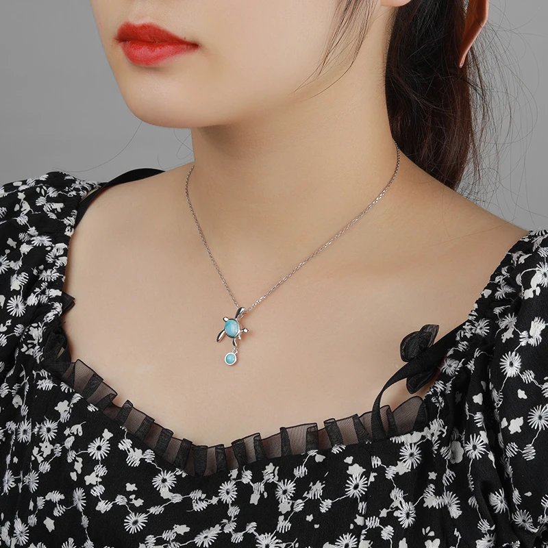 Sea Turtle 925 Sterling Silver Jewelry Gifts Classic Precious Pendant Necklace Natural Larimar Retro Woman Loveliness Charm