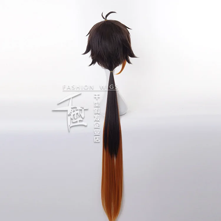 2021 Genshin Impact Zhongli Cosplay Long Brown Orange Natural Warp Wig Cosplay Anime Wigs Heat Resistant Synthetic Wigs Costume