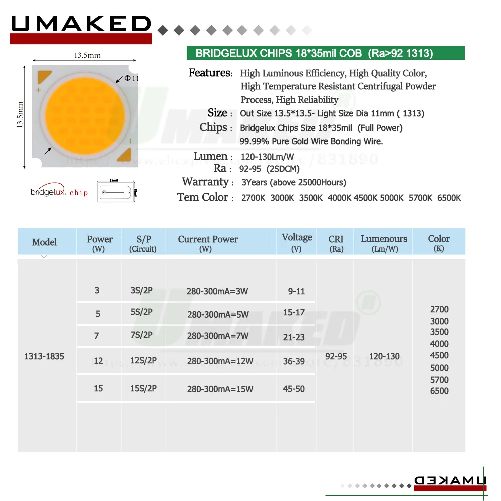 LED COB 18x35Mil 3 5 7 12 15 20 24 30W CRI92 130lm/w 3000-4000-6000K 1304 1313 1507 1816 1919 Bridgelux Chip Light Bead Source