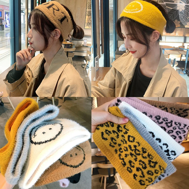 Korea Chic Leopard Knit High Elastic Hair Band For Women Letter Sport Turban Head Wrap Warm Thicken Headband Akcesoria do włosów