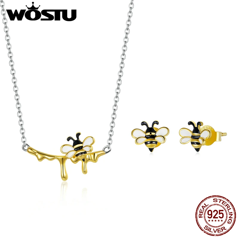 WOSTU S925 Sterling Silver Honey & Bee Stud Earrings & Necklace Jewelry Sets For Women Love Fashion Jewelry S236