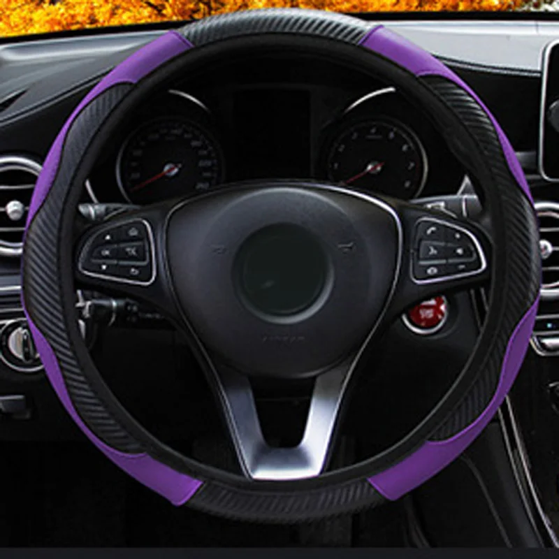 1pc Car Steering Wheel Cover Interior Black Purple Carbon Fiber Leather Protection For 37-38CM Diameter Easy Installation