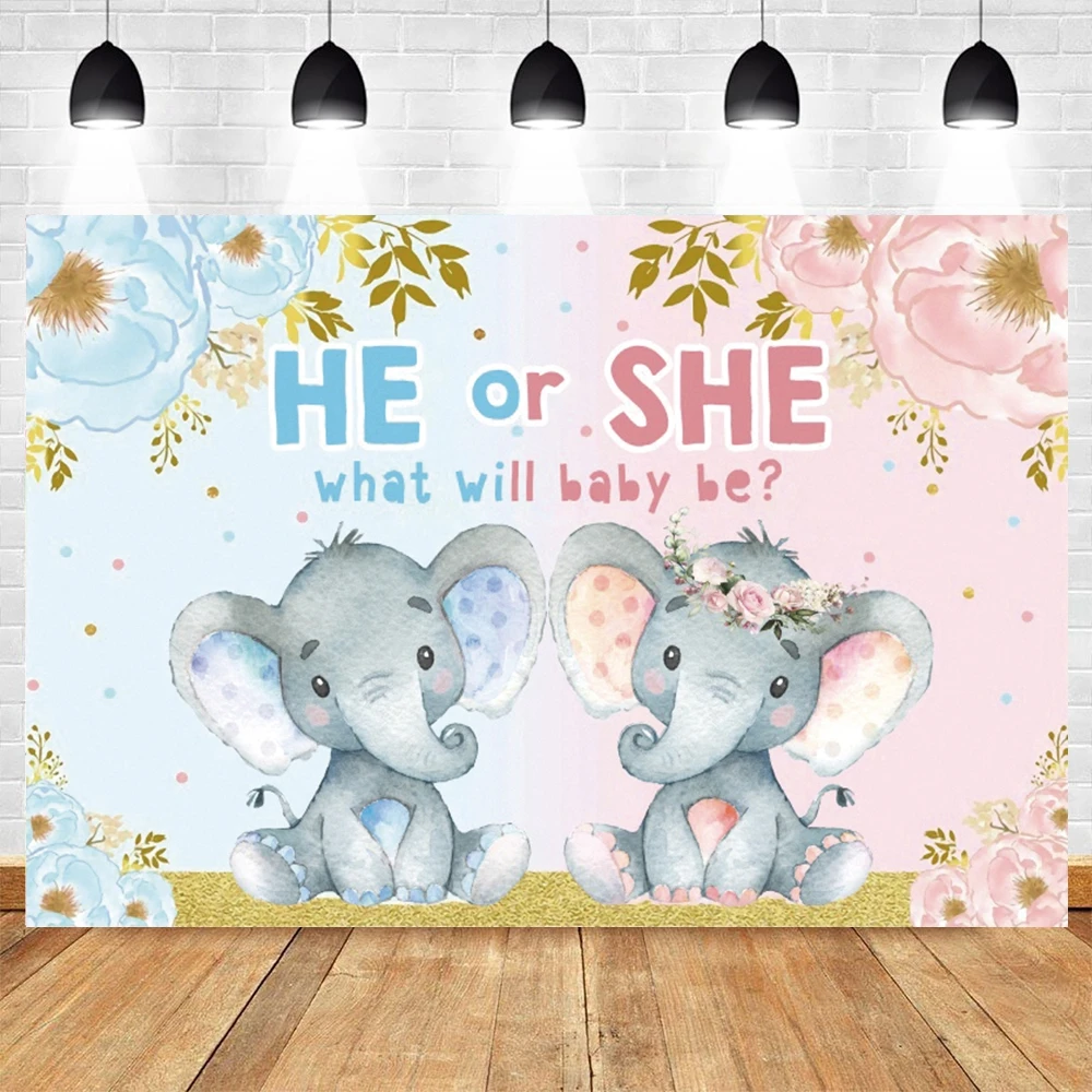 

Elephant Flower Boy Or Girl Newborn Baby Shower Gender Reveal Party Photography Backdrop Vinyl Custom Photographic Background