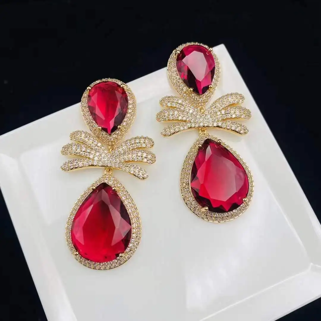 

EYER New Unique Fashion Hot Red Cubic Zirconia Shining Crystal Big Water Drop Dangle Earrings for Women Dating Party Jewelry