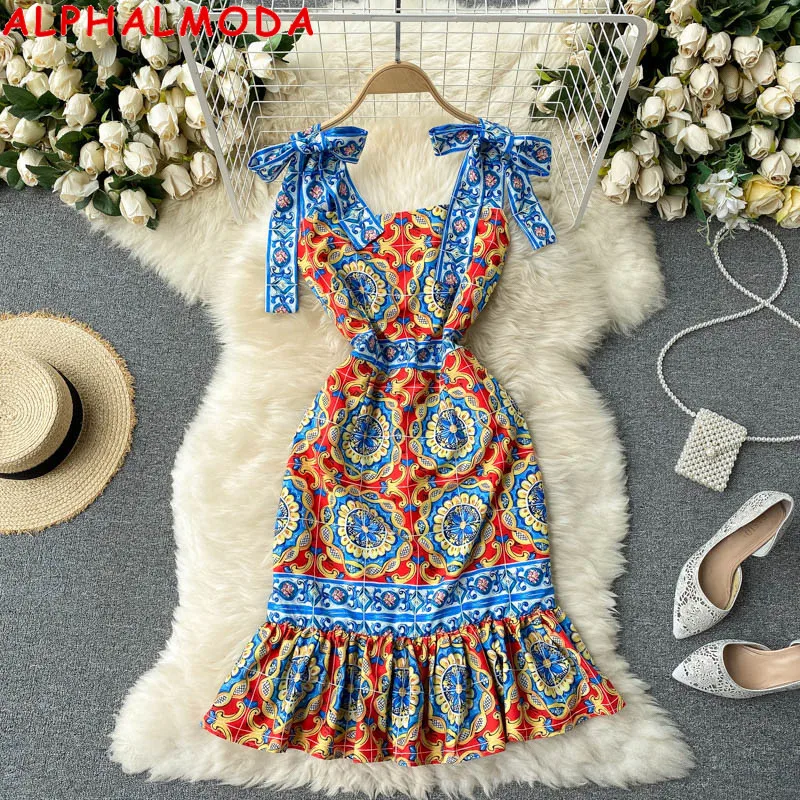 

ALPHALMODA Women Summer Vintage Sundresses Sleeveless Bow Straps Printed Ruffles Dress Slim Fit Frill Retro Holiday Dress