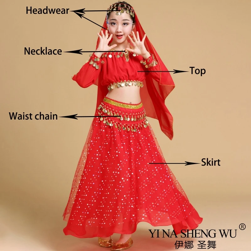 Fashion Nieuwe Stijl Kind Buikdans Indian Dance Kostuum Set Sari Bollywood Kinderen Outfit Buikdans Prestaties Kleding Sets