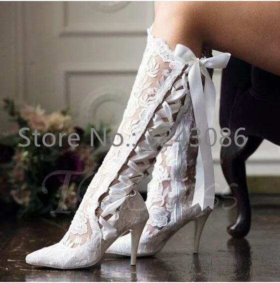 Sexy Black Lace Lace-up Woman Long Boots Fashion Pointed Toe Stiletto Heel White Red Wedding Shoes Sexy Female Banquet Boots