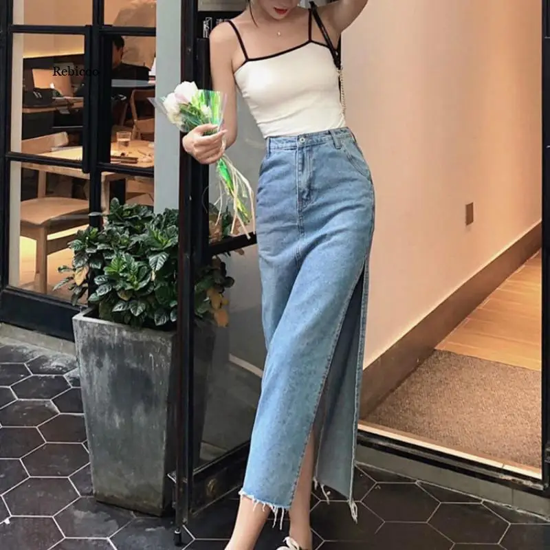 

Skirts Women A-line Solid Slim Side Slit Long High Waist Denim Skirt Wrap Hip Streetwear Fashion Spring New Style Hot