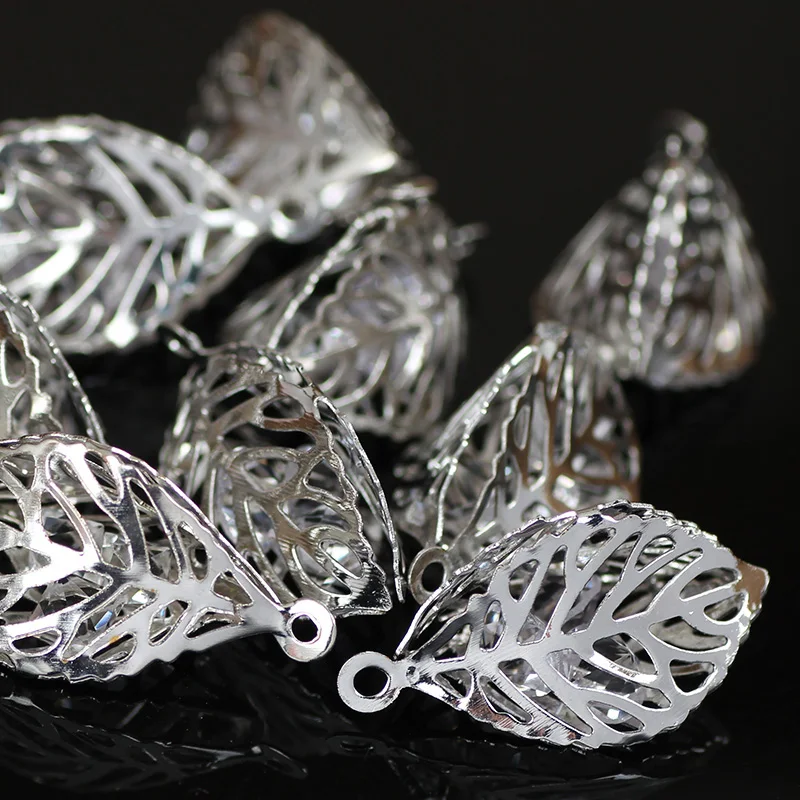10Pcs 14X25MM מתכת חלול עלים 925 כסף תכשיטי עלה חרוזים רסיס צבע מצופה עץ עלים מחברים DIY ביצוע חריש