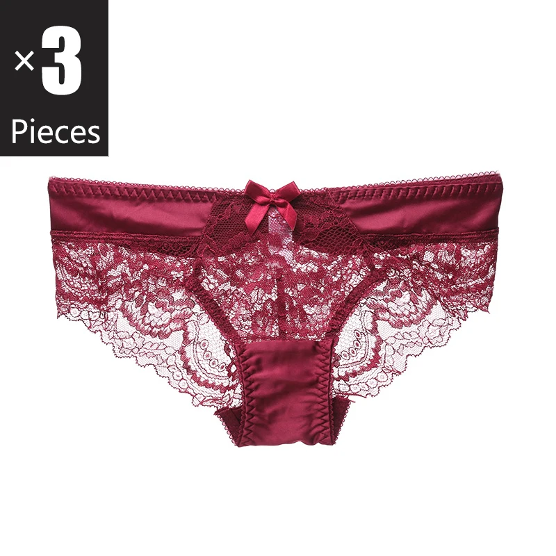 3pcs/lot Women\'s Panties Sets Low Waist Lace Transparent Sexy Briefs Embroidery Women Underwear Plus Size Black Purple Underpant