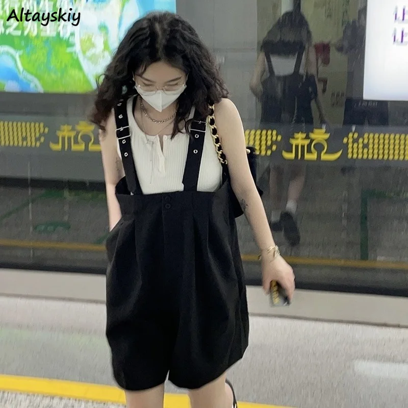 

Women Sets Summer Sleeveless White Tanks Preppy Style Slim Knee Length Overalls Wide Leg High Street Outwear Students Cozy Chic