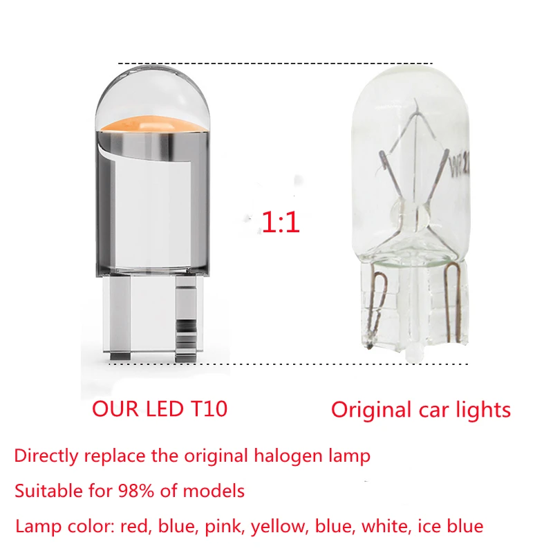 10PCS W5W Led T10 Car Light COB Glass 6000K White Automobiles License Plate Lamp Dome Read DRL Bulb Style 12V Auto Signal Lamp