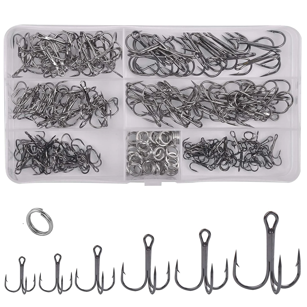 180pcs/Box Treble Fishing Hooks Sharp Round Bend Triple hook Barbed Fishhooks with Split rings set for Bass fishing tackle