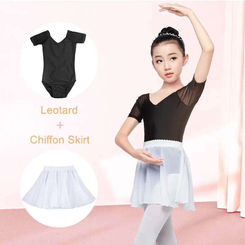 Ballet Turnpakje Meisjes Ballerina Kostuum Zwarte Dans Turnpakje Chiffon Rok Pak Kinderen Gymnastiek Dans Slijtage Mesh Splice