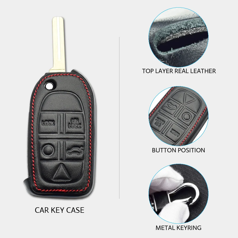 Leather Car Key Case For Volvo S80 S60 V50 V70 XC70 XC90 5 Button Remote Fob Shell Cover Keychain Protector Bag Auto Accessories