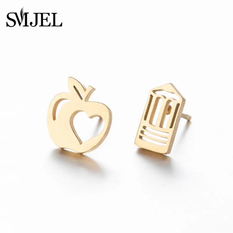 Pendientes con forma de lápiz de manzana de dibujos animados para mujer, joyería asimétrica de moda divertida con personalidad, regalo de fiesta de