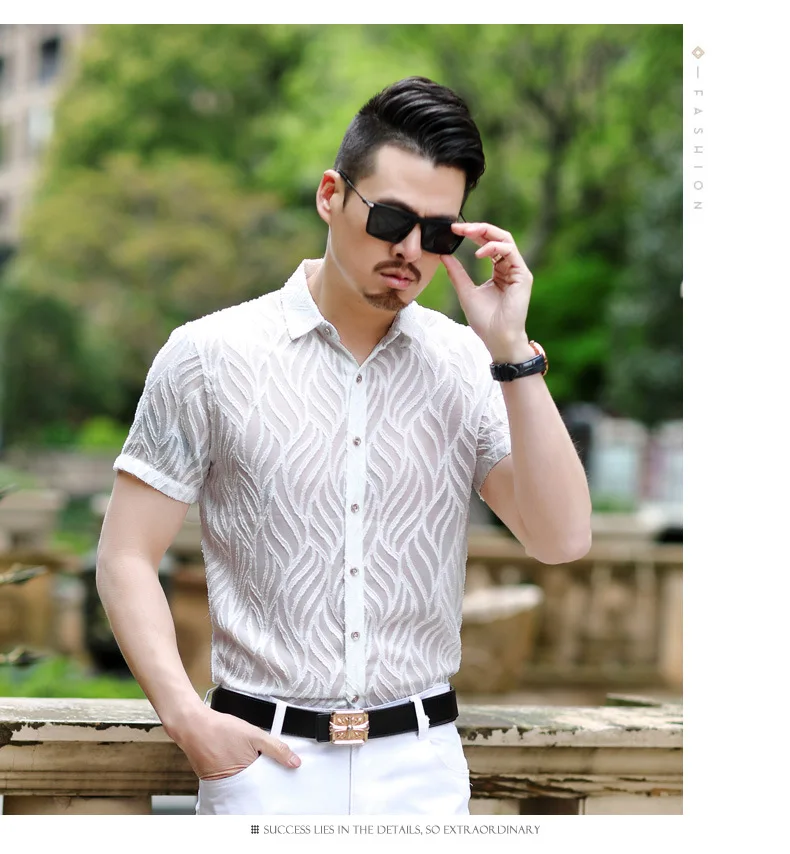 

Short Sleeve Mens Summer Sexy Party Transparent Black White See Through Slim Fit Thin Silk Shirt Soft Comfortable
