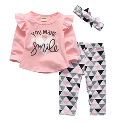 3pcs/set Casual Baby Girls Clothing Set Fly Sleeve Letter Top and Slim Legging Pants With Headband Set For Little Girl Home Wear