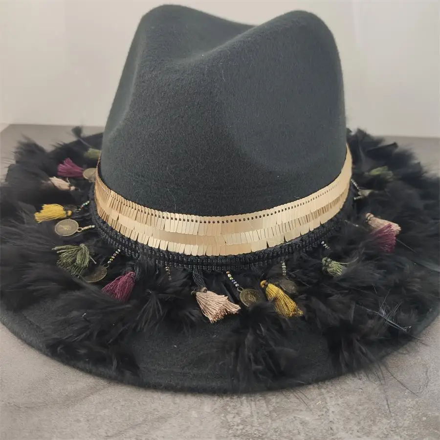 Boho fedora hats women feather band belt hat british elegant fascinator Leather Tassel winter women hats