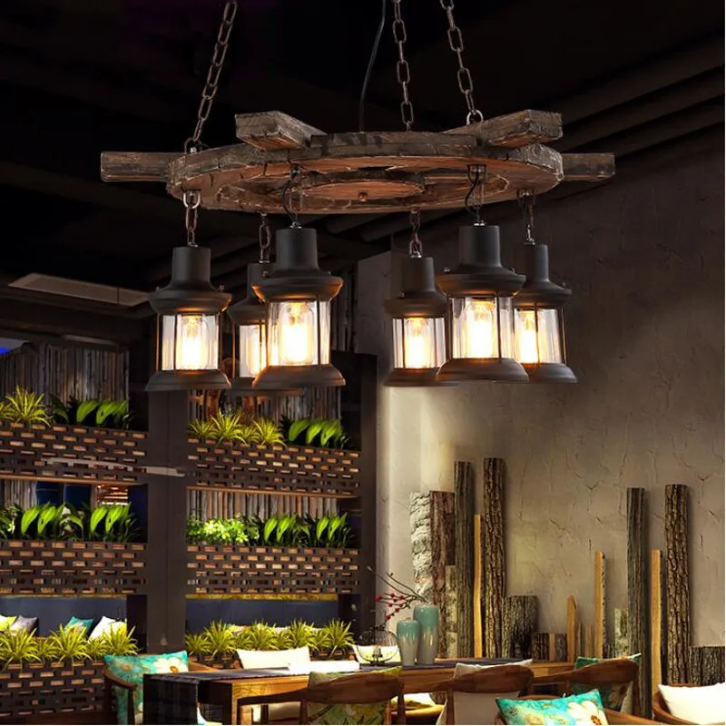 

Retro wooden chandelier Glass Lampshade Bar Industrial chandelier chain Loft Solid Restaurant Coffee Shop E27 country style lamp