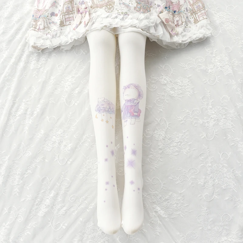 High quality Clouds star Meow lolita pantyhose Japanese bottoming socks can Ailuolita printing Lolita girl stockings