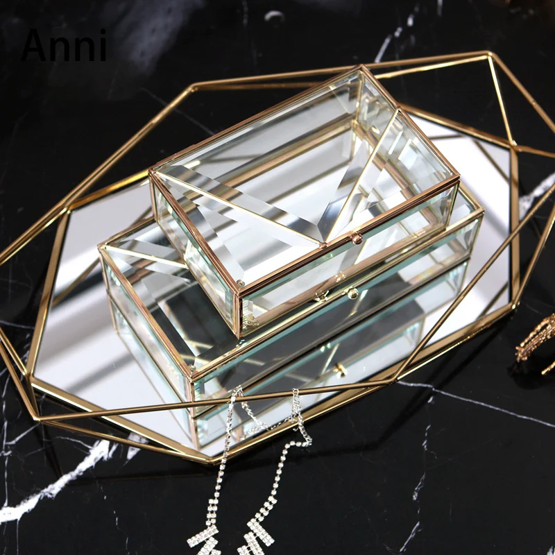 

European Mirror Glass Trays Decorative Modern Luxury Gold Inlay Jewelry Storage Display Box Dressing Table Decoration Ornaments