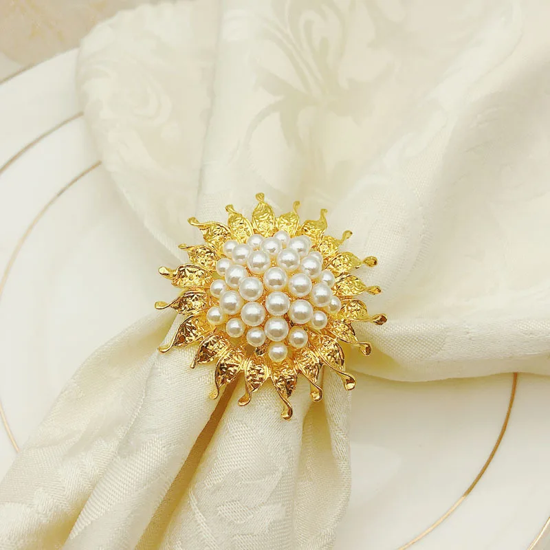 

12pcs Hotel Sunflower Metal Napkin Button Pearl Towel Button Cloth Ring Napkin Ring Napkin Ring