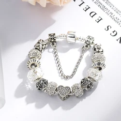 Dinglly Silver Color Heart Charm Bracelets For Women Men Original Shiny Crystal Beaded Women's Bracelet Bangle Jewelry Gift