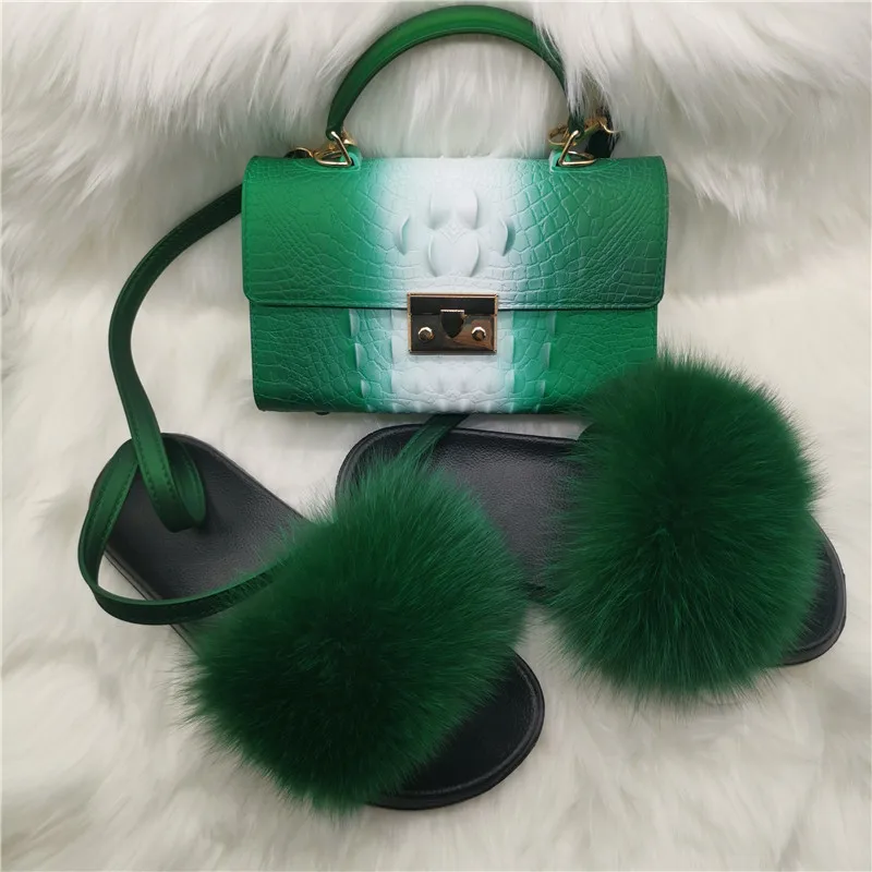 New Women Casual Plush Real Fox Fur Slippers Fashion Shoulder Bag Indoor Fluffy Fur Flip Flops Ladies Cute Flat Furry Fur Slides