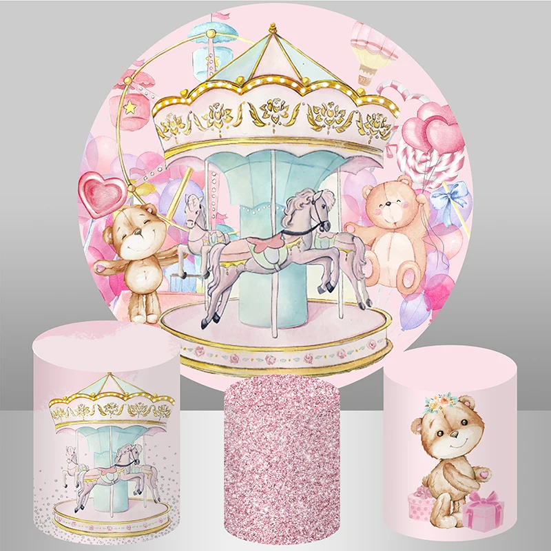 

Pink Carousel Girl Birthday Party Round Backdrop Decoration Cake Table Cover Elastic Bear Heart Balloons horse Background Banner