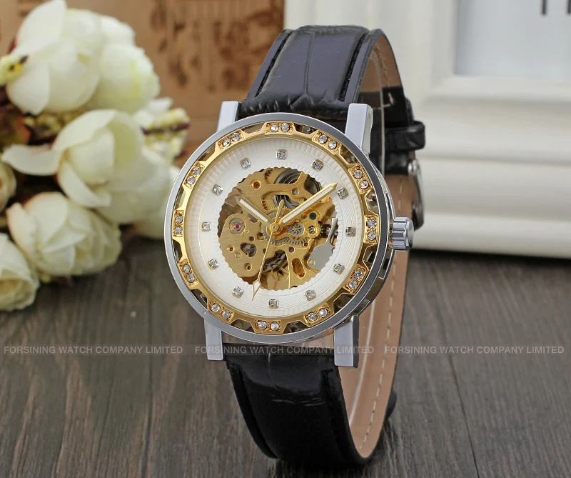 

FORSINING Fashion trend women's watch hollow dial creative design silver case leather strap automatic mechanical wrist watch