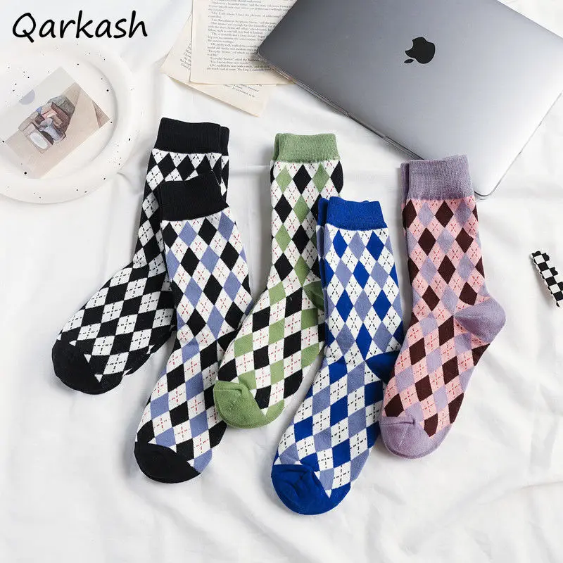 3pcs/set Socks Women Ins All-match Cute Calcetines Mujer Plaid Middle Tube  Breathable Kawaii Comfortable Cotton Vintage New