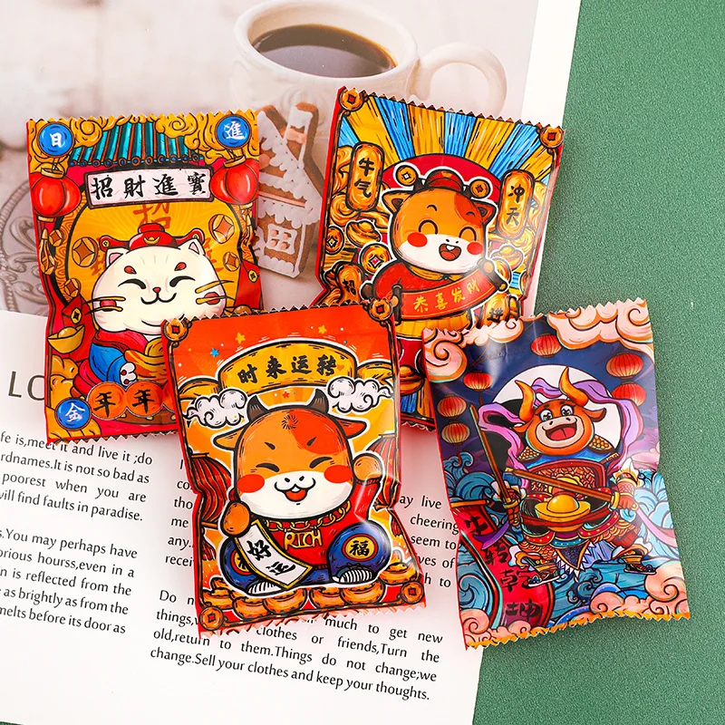 AQ Beautiful Cartoon Cow Cat Cookies Packaging Bag Chinese Style Immortal Decor Candy Sugar Party Disposable Goodie Bags 4In1