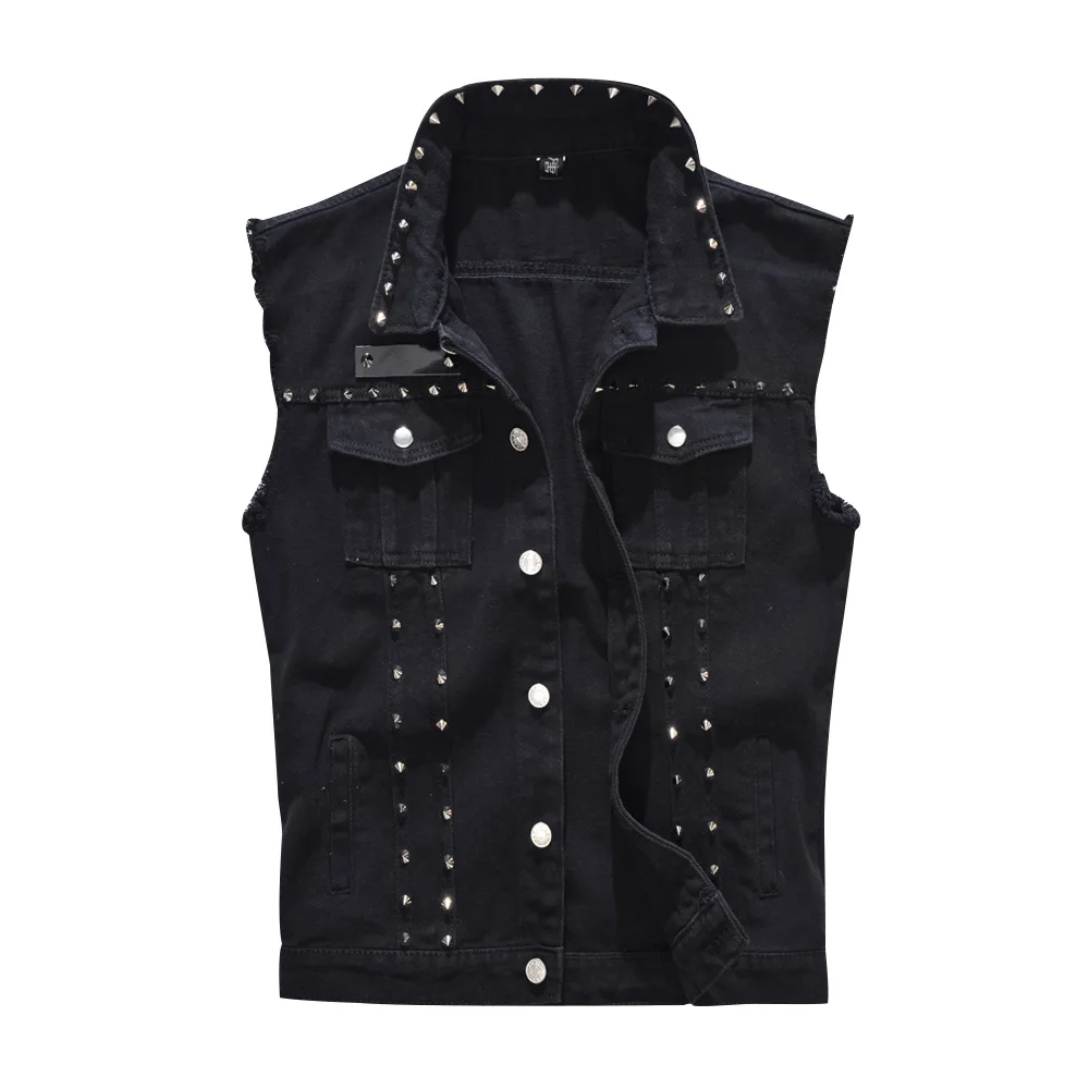 

Men's Coat Vests Cotton Ripped Jeans Sleeveless Jacket Black Denim Vest Cool Rivets Male Hip Hop Washed Cowboy Waistcoat