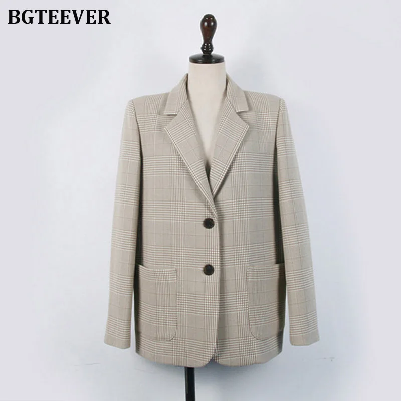 Vintage Women Plaid Blazer Coat Houndstooth Pattern Single-breasted Female Suit Jackets 2019 Autumn Loose Blaser Outwear Femme