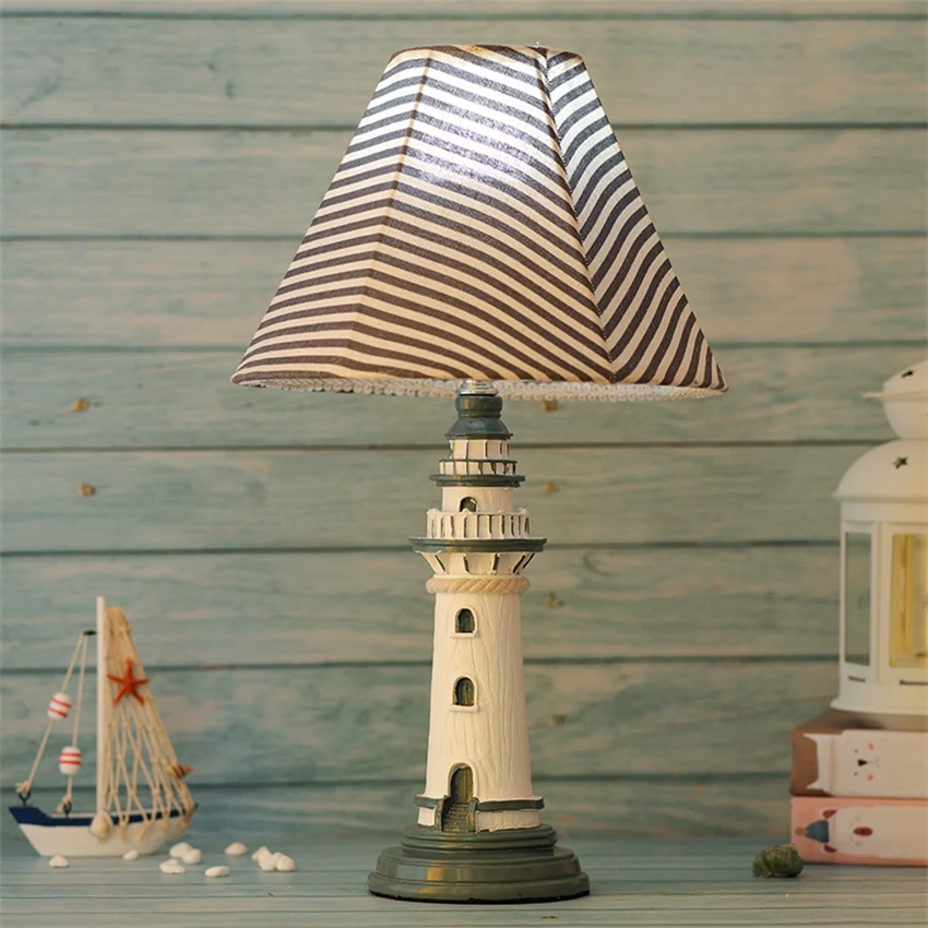 Mediterranean Nordic cartoon blue table lamps children's table lamp bedroom bedside resin ocean lighthouse decor desk lights