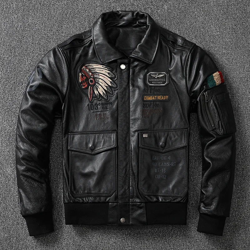 

2021 American India Embroidery Genuine Leather Jacket Men's Large Size Italian Calfskin Coat Autumn Vintage Motorcycle Jacket